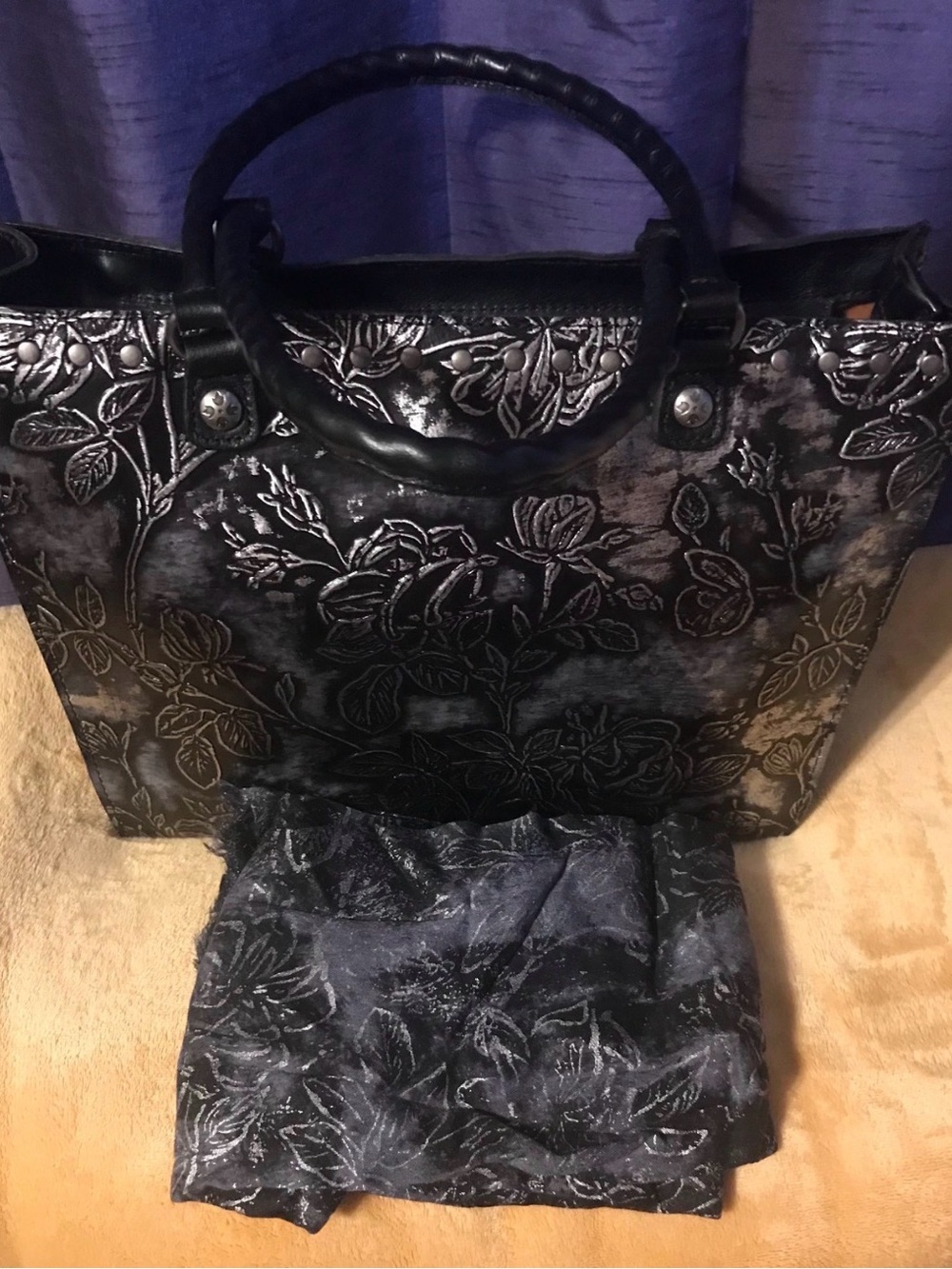 Black Floral Embossed Tote Bag